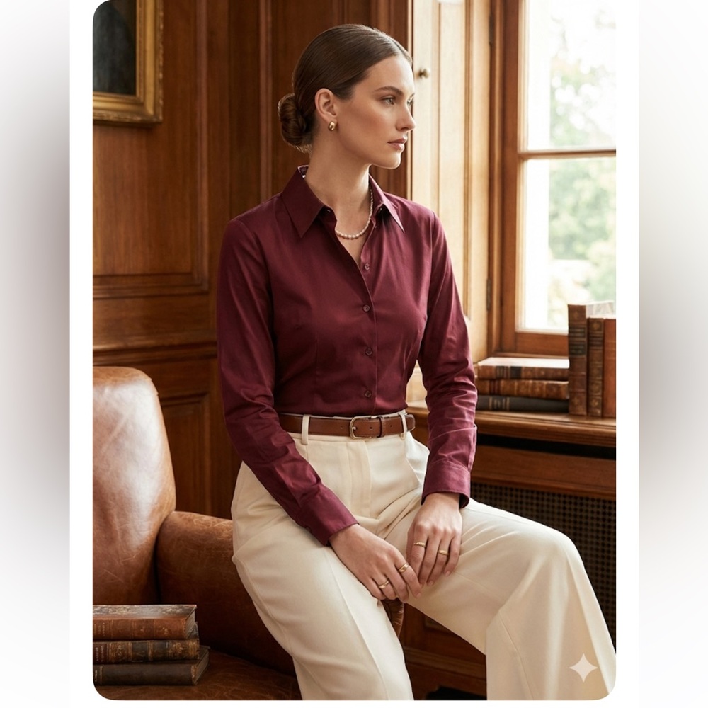 Escada Port Maroon Shimmer Stretch Button Down Blouse Crystal Buttons  38 (US 8)